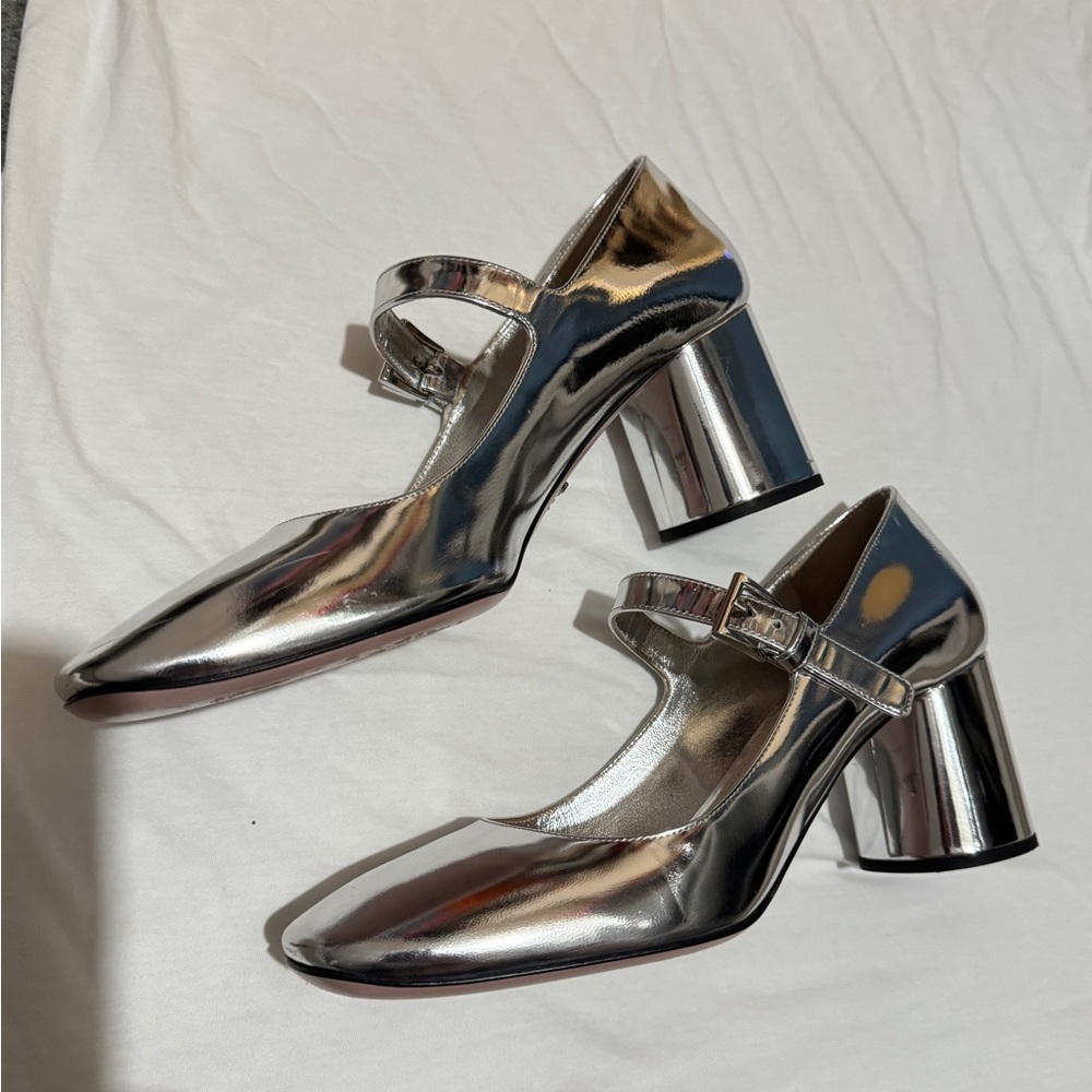 Prada Metallic Leather Mary Jane Pumps Silver - image 2